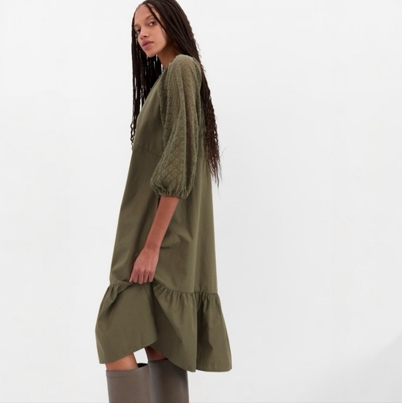 Gap Lace Sleeve Army Jacket Green Ruffle Cotton Midi Dress - Picture 4 of 15